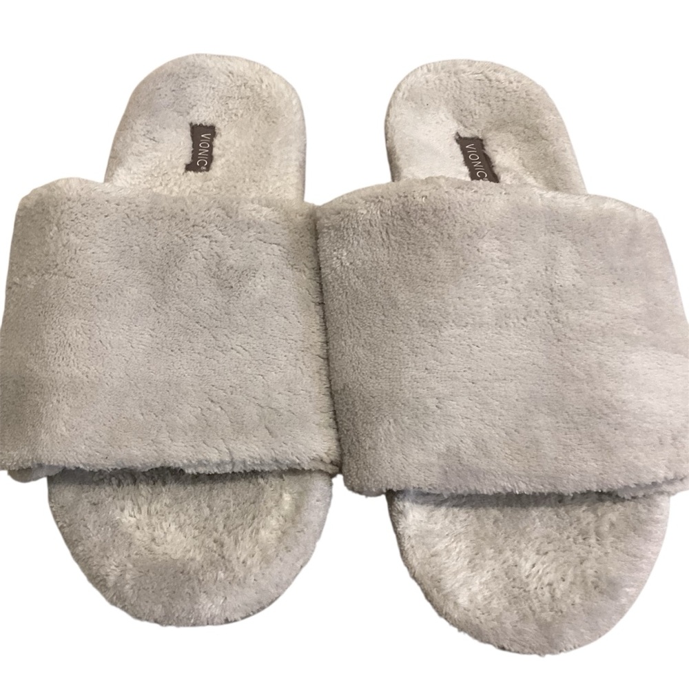 Vionic Plush Gray Adjustable Chakra Dream Velcro Closure Slippers, Size 7